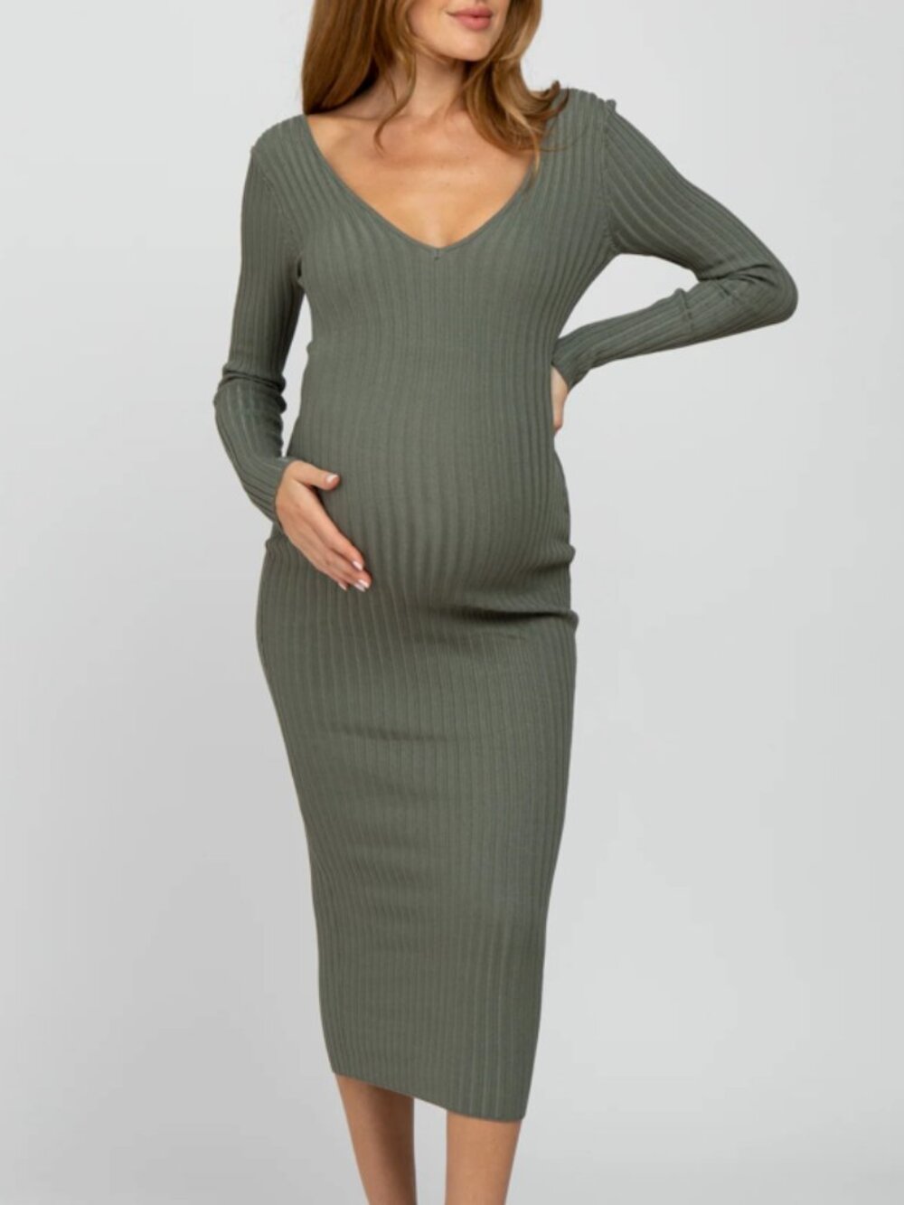 Hera Collection Olive V-Neck Long Sleeve Fitted Maternity Midi Dress – S